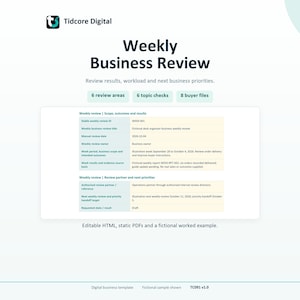 Pode incluir: Um modelo de negócios digital intitulado Weekly Business Review da Tidcore Digital. O documento inclui seções para áreas de revisão, verificações de tópicos e arquivos de compradores, com uma tabela exibindo campos de dados específicos.