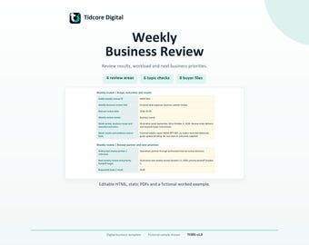Può includere: Un modello aziendale digitale intitolato Weekly Business Review di Tidcore Digital. Il documento include sezioni per aree di revisione, controlli degli argomenti e file degli acquirenti, con una tabella che mostra campi di dati specifici.