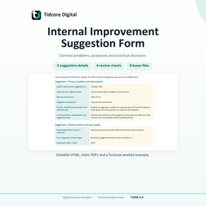 Könnte beinhalten: Eine Tidcore Digital Vorlage für ein internes Verbesserungsvorschlagsformular, weißes Dokument mit dunklem Text, inklusive Abschnitten für Details, Prüfungen und Käuferdateien, mit einem fiktiven Beispiel in einer Tabelle dargestellt.