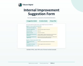 Può includere: Un modello di modulo per suggerimenti di miglioramento interno Tidcore Digital, documento bianco con testo scuro, incluse sezioni per dettagli, controlli e file, con un esempio fittizio visualizzato in una tabella.