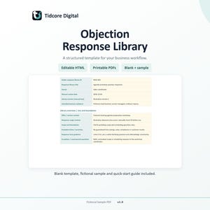 Könnte beinhalten: Eine digitale Vorlage Objection Response Library von Tidcore Digital mit einem strukturierten Geschäfts-Workflow-Layout. Enthält Abschnitte für bearbeitbares HTML, druckbare PDFs sowie leere oder beispielhafte Dokumente mit Tabellen.