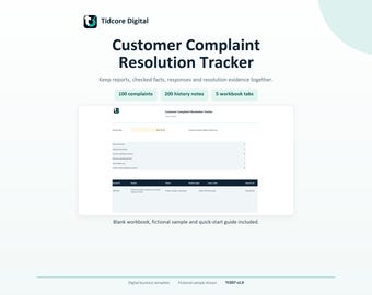 Può includere: Un modello digitale per il monitoraggio della risoluzione dei reclami dei clienti di Tidcore Digital. L'interfaccia mostra una dashboard per 100 reclami, 200 note di cronologia e 5 schede di lavoro, con una tabella per tracciare i record.