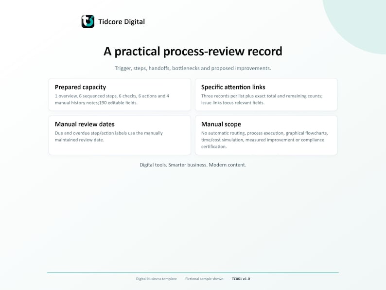 Process Mapping Worksheet. Prepared capacities, specific issue links, exact overflow and manual scope; no process execution, time/cost simulation or measured improvement.