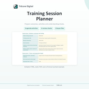 Peut inclure: Un modèle numérique de planificateur de session de formation par Tidcore Digital avec une mise en page structurée pour les identifiants, titres et résultats. Il inclut des sections pour les activités, vérifications et fichiers, en format HTML ou PDF.