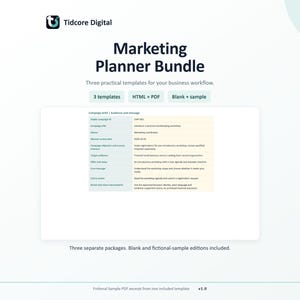 May include: A digital marketing planner bundle by Tidcore Digital featuring three templates in HTML and PDF formats. The document includes blank and sample versions, with a visible campaign brief excerpt detailing audience and message.