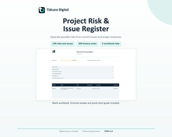 Può includere: Un modello digitale di registro dei rischi e dei problemi di progetto di Tidcore Digital. Il documento presenta un'intestazione, una sezione di riepilogo con 100 rischi e problemi, 200 note di cronologia e 5 schede di cartella di lavoro.