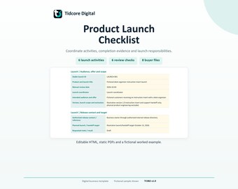 Può includere: Un modello digitale di lista di controllo per il lancio di prodotti di Tidcore Digital. Il documento presenta sezioni per attività di lancio, controlli di revisione e file acquirenti, con una tabella dettagliata degli obiettivi.