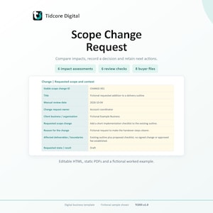 Op de afbeelding: Een digitaal zakelijk sjabloon getiteld Scope Change Request van Tidcore Digital. Het bevat een tabel met velden voor ID CHANGE-001, titel, datum 2026-10-04, eigenaar, organisatie, wijziging, reden, resultaten en status. Inclusief knoppen voor beoordelingen, controles en bestanden.