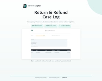 Può includere: Un modello aziendale digitale Return & Refund Case Log di Tidcore Digital. L'interfaccia presenta una dashboard per tracciare 100 casi di reso, 200 note di cronologia e 5 schede di cartella di lavoro. Include una cartella di lavoro vuota.