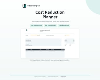 Può includere: Un modello digitale di pianificatore di riduzione dei costi di Tidcore Digital con un registro delle opportunità di riduzione dei costi. L'interfaccia include campi per 100 opportunità, 200 note di cronologia e 5 schede di cartella di lavoro. Una cartella di lavoro vuota, un esempio fittizio e una guida rapida sono inclusi in questo modello aziendale digitale, identificato come TC079 v1.0.