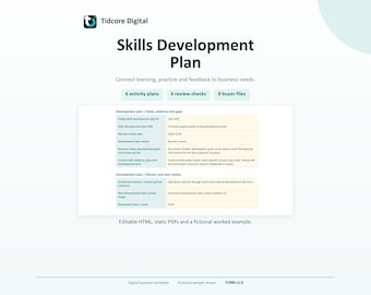 Può includere: Un modello di piano di sviluppo delle competenze Tidcore Digital con intestazione, tre pulsanti verde chiaro etichettati 6 activity plans, 6 review checks, 8 buyer files, e una tabella centrale con obiettivi, prove e dettagli di revisione.
