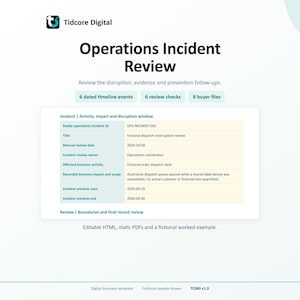 Op de afbeelding: Een digitaal sjabloon getiteld Operations Incident Review van Tidcore Digital. Het bevat een tabel met velden voor incident-ID, titel, datum, eigenaar, bedrijfsactiviteit, impact en tijdvenster, plus knoppen voor tijdlijngebeurtenissen en bestanden.