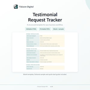 以下が含まれることがあります： Tidcore DigitalのデジタルTestimonial Request Trackerテンプレート。キャンペーンID、連絡先、使用状況、レビュー、ステータスのセクションがあります。編集可能なHTML、印刷可能なPDF、空白のサンプルオプションのラベルが含まれています。