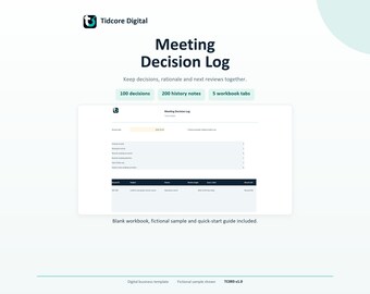 Può includere: Un modello digitale di registro delle decisioni di riunione di Tidcore Digital con una tabella strutturata per tracciare decisioni, motivazioni e note storiche. Include 100 decisioni, 200 note storiche e 5 schede di cartella di lavoro.