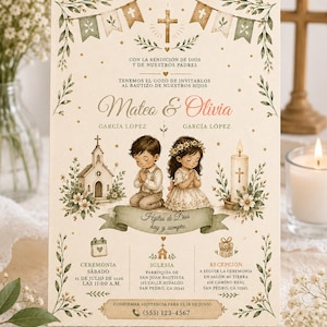 Peut inclure: Une carte d'invitation de baptême avec des illustrations à l'aquarelle d'un garçon et d'une fille en prière, une église, une bougie et des guirlandes florales. Le texte indique les prénoms Mateo & Olivia, la date du 25 juillet 2026 et un numéro.