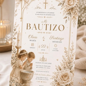 May include: A baptism invitation card in cream and gold featuring a cross, floral illustrations, and a depiction of two children at a baptismal font. The text reads Mi BAUTIZO, Olivia & Santiago, and includes event details for June 22 at 12:00 PM.