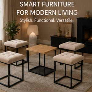 May include: A set of four square ottomans with beige tufted cushions and black metal frames, arranged around a central square wooden table with a black metal base. The text SMART FURNITURE FOR MODERN LIVING Stylish. Functional. Versatile. is visible.