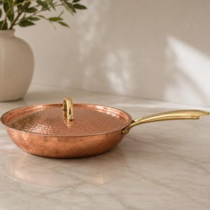 Hand Hammered Copper Frying Pan with Lid, Brass Handle, Traditional Indian Cookware