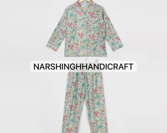 Handmade Jaipur Block Print Pajama Set, Pure Cotton Nightwear Set for Women, Floral Lounge PJs, Soft Breathable Sleepwear, Bridesmaid Gift