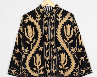 Plus Size Black Velvet Jacket Gold Embroidered Floral Jacket Handmade Boho Indian Jacket New Velvet Fabric Custom Size Statement Coat