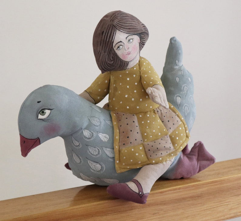 Girl Riding a Bird Painted Folk Art Doll Soft Sculpture Etsy