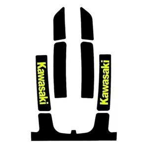 May include: A set of black adhesive decals featuring the Kawasaki brand name printed in bright yellow text. The collection includes two long vertical strips with the Kawasaki logo and four additional solid black rectangular shapes for application.