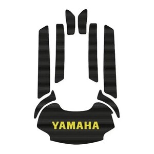 May include: A black adhesive tank pad set with a horizontal line texture and the word YAMAHA printed in yellow capital letters at the bottom. The set consists of several separate pieces designed to be applied to a motorcycle fuel tank surface.