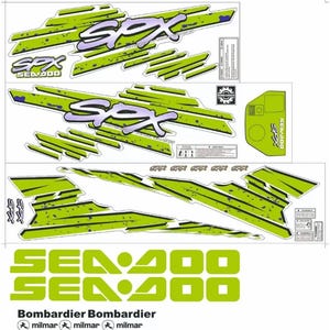 Puede incluir: Un conjunto de calcomanías gráficas de color verde lima y morado para una moto acuática Sea-Doo SPX. La hoja incluye varias tiras angulares de estilo desgastado, el texto SPX, el texto SEA-DOO y el texto Bombardier, junto con pequeñas etiquetas de advertencia.