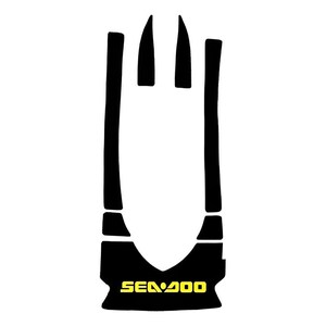 May include: A set of black adhesive traction mats designed for a personal watercraft, featuring a central cutout and a bottom section with the yellow text SEA-DOO printed clearly across the base. The pieces are arranged in a vertical layout.