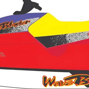 May include: A red, yellow, and purple Yamaha WaveBlaster personal watercraft illustration. The design features the text WaveBlaster in orange and black on the side and front, with the Yamaha logo in red on the yellow seat section.