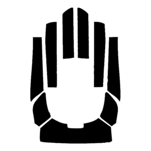 May include: A black graphic design featuring a stylized, symmetrical hand shape composed of distinct, separate vertical and curved segments. The design uses negative space to define the palm and fingers, creating a bold, abstract, and geometric icon.