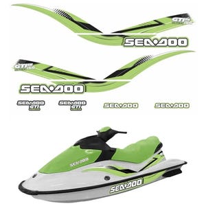May include: A white and lime green personal watercraft featuring black accents and the text SEA-DOO. Included are two long, curved side decals with black and white patterns, two smaller SEA-DOO GTI decals, and two small SEA-DOO text decals.