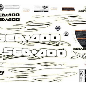 May include: A decal sheet featuring black and white graphics for a Sea-Doo GTI watercraft. The set includes multiple Sea-Doo logos, stylized wave-like accent stripes, a warning label, and the text GTI 119, all arranged on a white background.