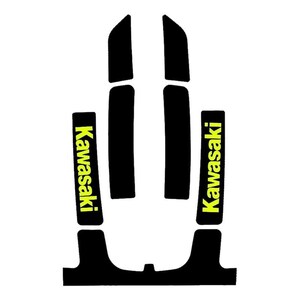 May include: A set of black adhesive decals featuring the Kawasaki brand name printed in bright yellow text. The collection includes two long rectangular strips with the text, two shorter plain black strips, and one wide base piece with cutouts.
