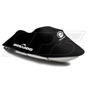 Puede incluir: Una funda protectora negra para moto acuática, que presenta el logotipo blanco de Sea-Doo con un gráfico de delfín en el lateral y un logotipo de BRP cerca de la parte superior. La funda está contorneada para ajustarse a la forma de la moto.