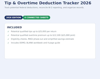 Tip Tracker 2026 Tax Deduction Spreadsheet | Overtime Premium Log Excel Google Sheets | Server Bartender W-2 Organizer