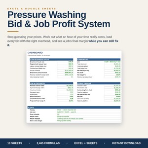 Peut inclure: Un modèle de tableau de bord Excel et Google Sheets pour le système de devis et de profit de lavage sous pression. L'interface affiche les taux commerciaux, les détails des devis, le suivi des travaux et les alertes dans un format structuré.