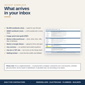 May include: A digital download product information graphic titled What arrives in your inbox. It lists contents including a blank workbook, demo workbook, and quick-start guide, compatible with Microsoft Excel and Google Sheets for contractors.