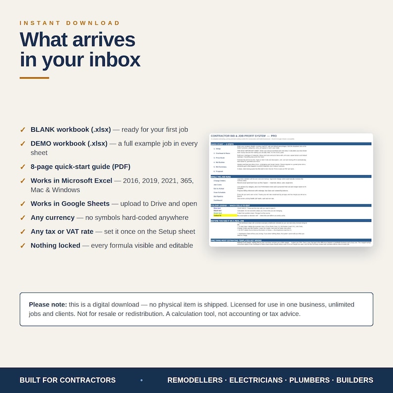 May include: A digital download product information graphic titled What arrives in your inbox. It lists contents including a blank workbook, demo workbook, and quick-start guide, compatible with Microsoft Excel and Google Sheets for contractors.