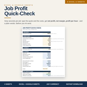 Könnte beinhalten: Eine digitale Tabellenkalkulationsvorlage mit dem Titel Job Profit Quick-Check für Excel und Google Sheets. Die Benutzeroberfläche zeigt Bereiche für Angebote, direkte Kosten, Gemeinkosten und berechnete Ergebnisse wie Nettogewinn und Marge.