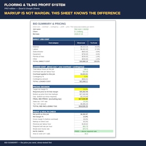 May include: A digital spreadsheet titled Flooring & Tiling Profit System, featuring a Bid Summary & Pricing table. It includes sections for Direct Job Cost, Loaded Cost, Pricing Decision, and Profit & Health Check with numerical data and calculations.