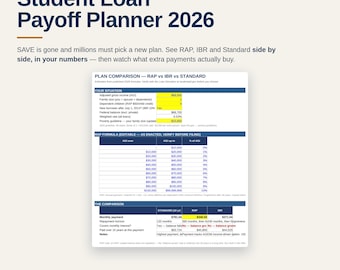Student Loan Payoff Planner Spreadsheet 2026 | RAP IBR Comparison Calculator Excel Google Sheets | Debt Amortization Extra Payment Tracker