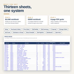 May include: A digital system featuring thirteen sheets including a blank workbook, a demo workbook, and an 8-page PDF guide. The interface displays various tabs like Setup, Bid Builder, and Dashboard, alongside a detailed Price Book spreadsheet table.