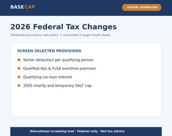 2026 Federal Tax Changes Cheat Sheet & Calculator | Senior, Tips, Overtime, Car Interest, SALT | Digital Download