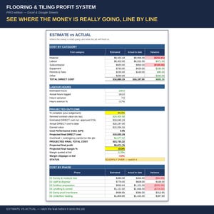 May include: A digital spreadsheet titled Flooring & Tiling Profit System, Pro edition for Excel and Google Sheets. The document displays an Estimate vs Actual table with columns for cost category, estimated, actual to date, and variance data points.