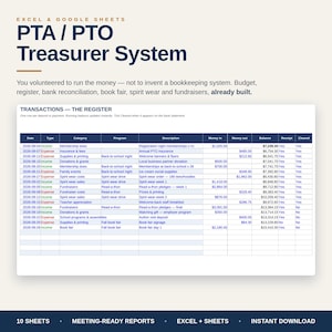 May include: A digital PTA/PTO Treasurer System for Excel and Google Sheets. The interface displays a transaction register with columns for date, type, category, program, description, money in, money out, balance, receipt, and cleared status.