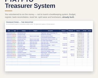 PTA Treasurer Spreadsheet PTO Budget Template | Bank Reconciliation Excel Google Sheets | Book Fair Fundraiser Tracker School Year