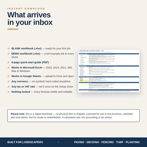 May include: A digital landscaping bid and job profit system spreadsheet with a list of features including a blank workbook, demo workbook, and 8-page quick-start guide. The text includes instructions for Microsoft Excel and Google Sheets compatibility.