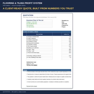 May include: A digital quotation template titled Flooring & Tiling Profit System for Excel and Google Sheets. The document features a header for company details, a detailed scope of work table with labor hours, and a section for terms and conditions.