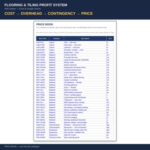 May include: A digital spreadsheet titled Flooring & Tiling Profit System featuring a Price Book table. The table lists item codes, categories, descriptions, and units for various flooring materials, labor, equipment, and subcontractor services.